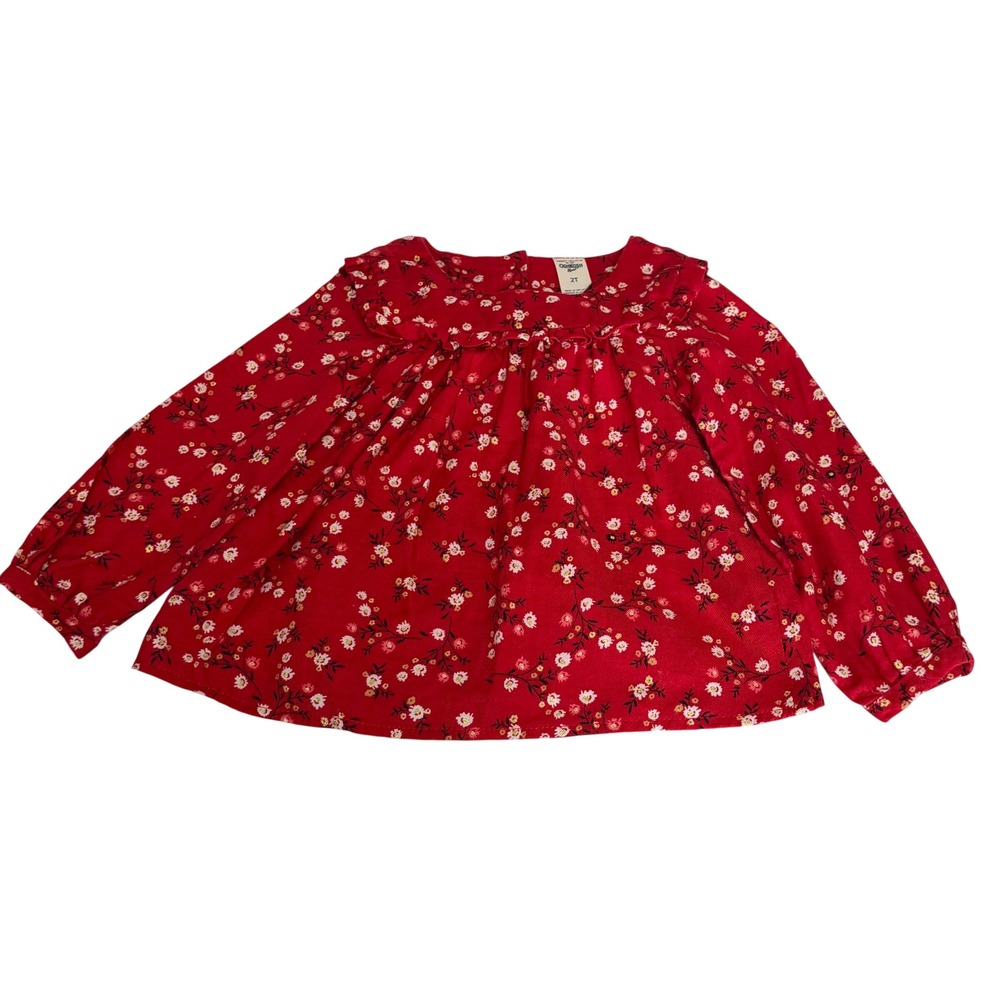 OshKosh Bgosh Girls 2T Red Floral Long Sleeve Ruffle Peasant Blouse Top
